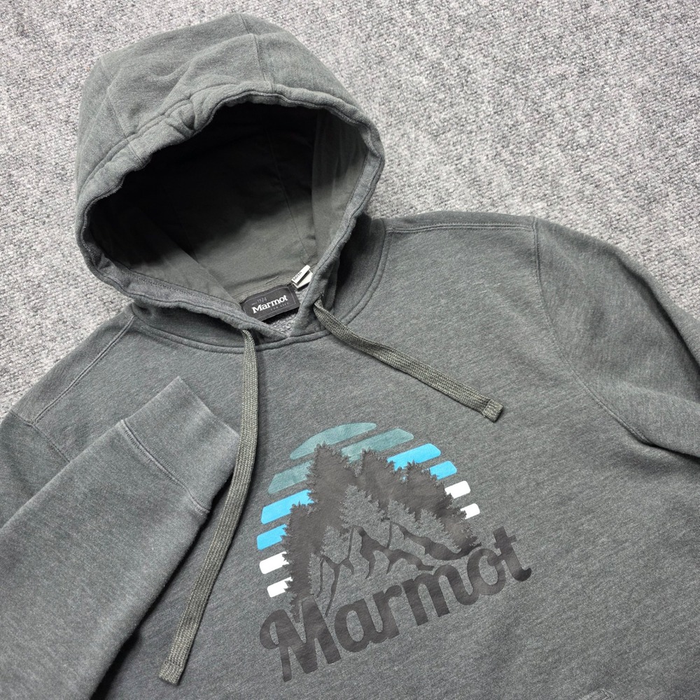 Marmot Men's Size Medium Gray Graphic Mountain Logo Pullover Hoodie Sweatshirt